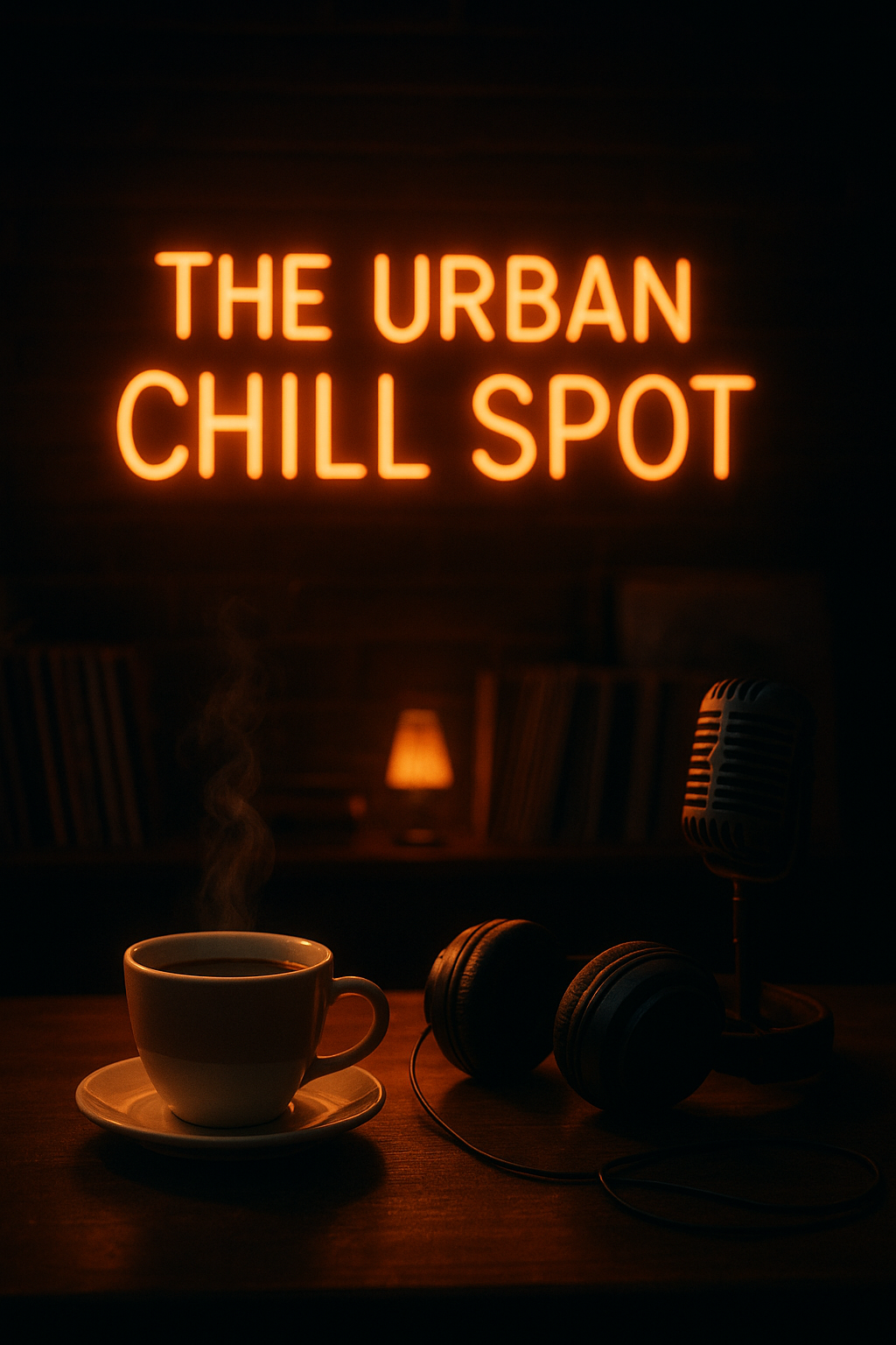 Vinyl records, DJ controller, headphones and coffee under warm neon light